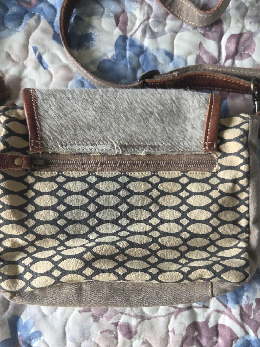 Myra Bag Gray Fur Flap Crossbody with Brown Trim - Picture 4 of 4